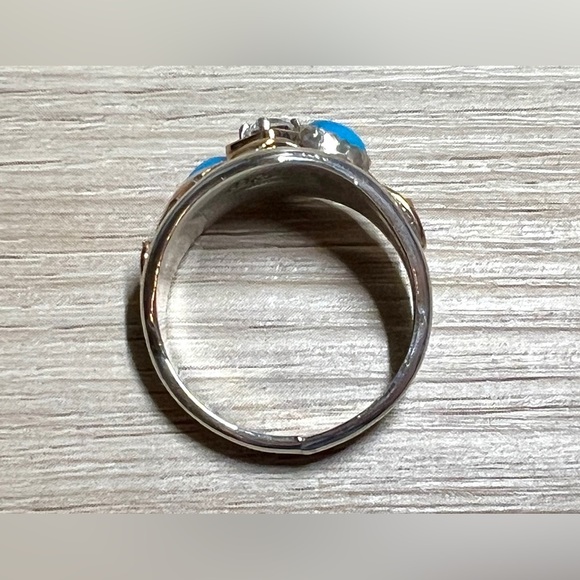Vintage Designer S. Ray Sterling Silver & Gold Turquoise & CZ Ring, Size 11 - Picture 7 of 10